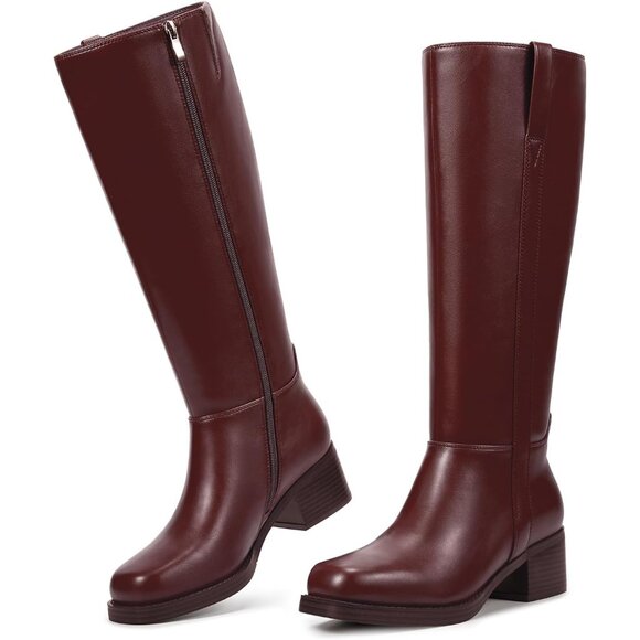 Shoes - Women’s Burgundy 2 Knee High Chunky Block Heel Square Toe Side Zipper Tall Boots